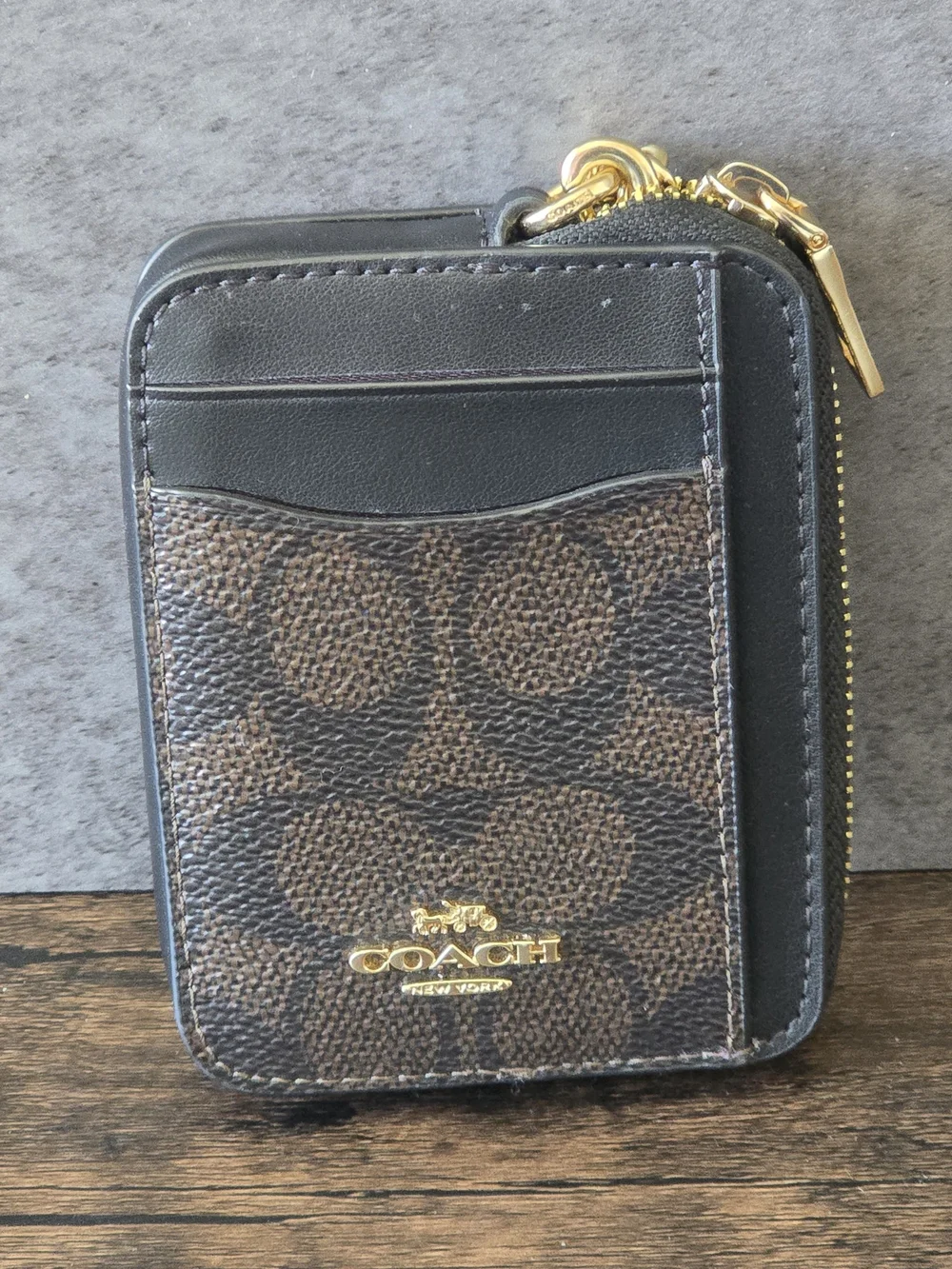 Coach Signature Zip Card Case Wallet - Brown/Black